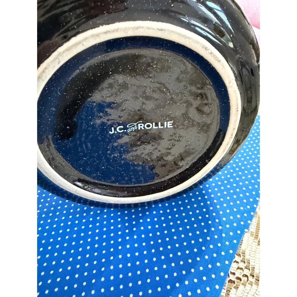 J.C.‎ and Rollie Stoneware Crock Founded KCMO 1928 Cream Navy Blue